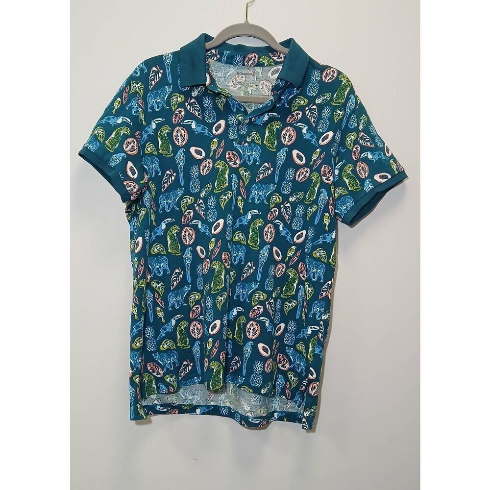 Bonobos mens large polo shirt wild life tiger in the jungle blue teal